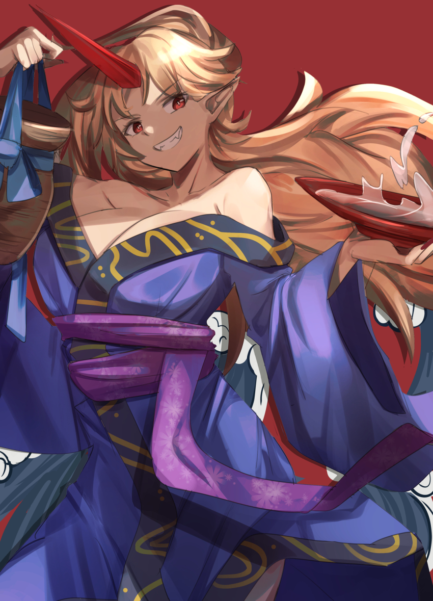 1girl alcohol blonde_hair blue_kimono breasts commentary cowboy_shot cup daweykun grin highres holding_jug horns hoshiguma_yuugi hoshiguma_yuugi_(kimono) japanese_clothes kimono large_breasts long_hair looking_at_viewer off_shoulder official_alternate_costume pointy_ears purple_sash red_background red_eyes red_horns sakazuki sake sash simple_background single_horn smile solo touhou