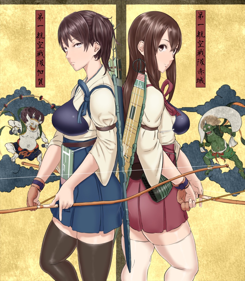 10s 2girls akagi_(kancolle) archery arrow_(projectile) black_legwear blush bow_(weapon) brown_eyes brown_hair flight_deck fuujin_(mythology) gloves highres japanese_clothes kaga_(kancolle) kantai_collection kyuudou long_hair multiple_girls muneate oni partially_fingerless_gloves partly_fingerless_gloves personification quiver raijin_(mythology) short_hair side_ponytail single_glove skirt smile sukeroku_(treeee) tasuki text_focus thighhighs weapon white_legwear yugake