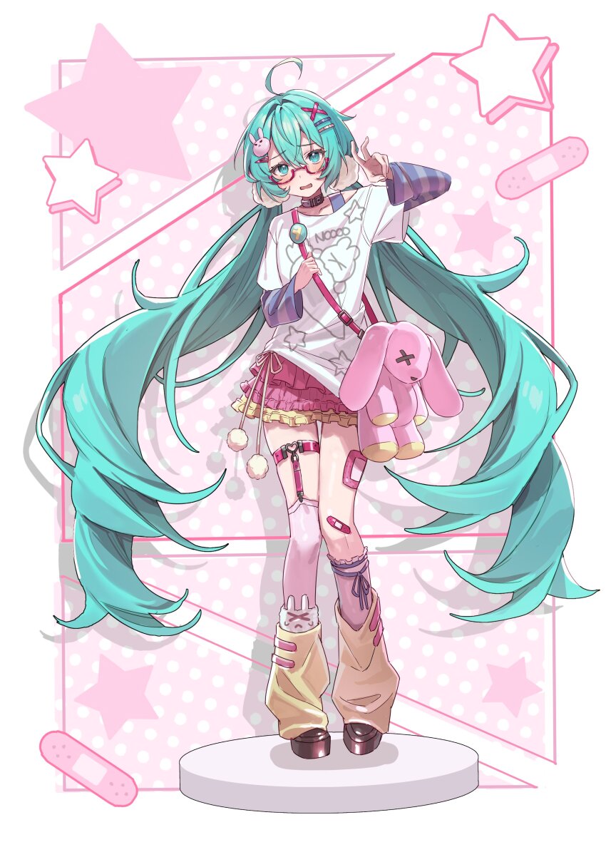 1girl absurdres ahoge alternate_costume aqua_eyes aqua_hair asymmetrical_legwear bandaid bandaid_on_leg belt_collar blue_shirt blush brown_shoes collar collarbone commentary_request drop_shadow frilled_skirt frilled_socks frills full_body grey_shirt hair_ornament hairclip hand_up hatsune_miku highres holding_strap kametaro_uu layered_shirt leg_warmers legwear_garter long_hair looking_at_viewer open_mouth pink_skirt pink_socks pink_thighhighs print_shirt rabbit_hair_ornament shirt shoes single_thighhigh skirt socks solo standing star_(symbol) striped_sleeves stuffed_animal stuffed_rabbit stuffed_toy thigh_strap thighhighs twintails v very_long_hair vocaloid white_background white_shirt x_hair_ornament yellow_leg_warmers yellow_skirt