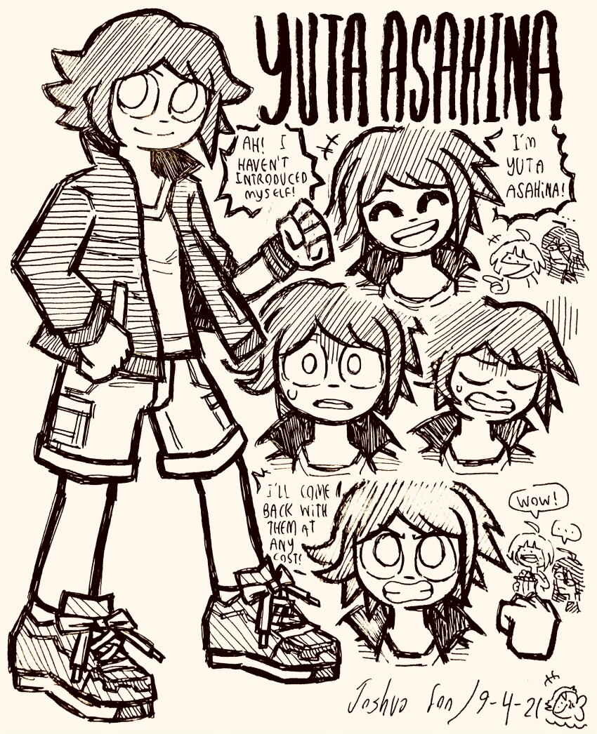 +++ ... 1boy 2girls ^_^ absurdres ahoge asahina_yuta character_name clenched_hand clenched_hands clenched_teeth closed_eyes closed_mouth danganronpa_(series) danganronpa_another_episode:_ultra_despair_girls dated doodle_inset english_text fukawa_toko full_body greyscale hatching_(texture) highres jacket josh-s26 long_hair long_sleeves male_focus monochrome multiple_girls multiple_views naegi_komaru open_clothes open_jacket open_mouth shirt shoelaces shoes short_hair shorts signature simple_background smile speech_bubble spoken_ellipsis standing sweatdrop teeth upper_teeth_only white_background