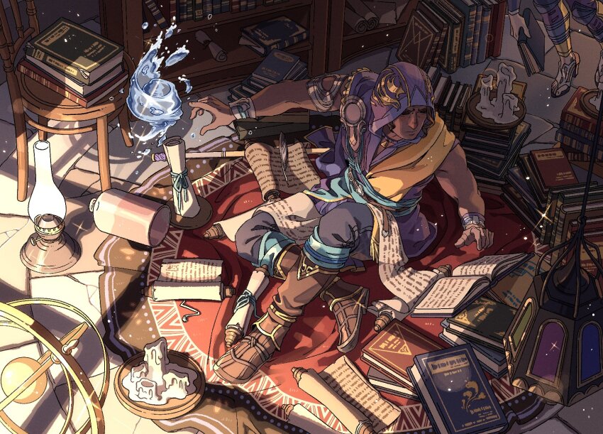 1boy 1other absurdly_detailed_composition astrolabe book book_stack bookshelf boots bracelet brown_boots brown_shoes candle candlestand chair closed_mouth commentary dark-skinned_male dark_skin grey_pants highres holding holding_book hood hood_up hooded_robe hydrokinesis jewelry lamp loaded_interior looking_at_object male_focus mortal_kombat_(series) mortal_kombat_1_(2023) open_book outstretched_arm pants purple_robe rain_(mortal_kombat) reading robe rug scroll shoes sitting solo_focus sparkle stone_floor water wenny02 wooden_chair