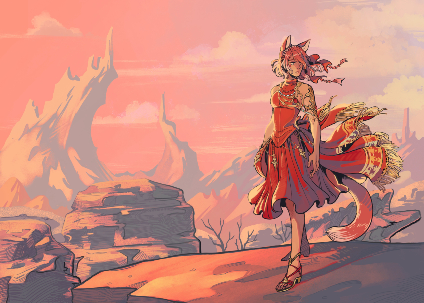 1girl animal_ears bare_tree braid breasts cloud commentary commission cross-laced_sandals crown_braid dancer_(final_fantasy) desert dress english_commentary facial_mark final_fantasy final_fantasy_xiv fox_ears fox_girl fox_tail fringe_trim full_body gold_armlet gold_belt gold_trim hair_ribbon heterochromia high_heel_sandals highres jewelry looking_to_the_side medium_breasts medium_hair mesa miqo&#039;te mountainous_horizon necklace original outdoors parted_lips pillar_(landform) pink_hair pink_sky red_dress ribbon rock sky sleeveless sleeveless_dress solo standing tail toes tree warrior_of_light_(ff14) wicksandwheat