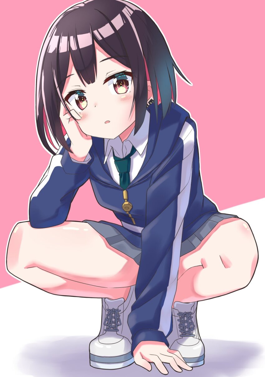 1girl bad_girl_(manga) blue_hoodie blush brown_eyes brown_hair changaa collared_shirt colored_inner_hair earrings full_body green_necktie grey_skirt hand_on_ground hand_on_own_face highres hood hood_down hoodie jewelry long_sleeves looking_at_viewer multicolored_hair necktie open_mouth pink_background red_hair shirt shoes short_hair skirt sneakers solo spread_legs squatting two-tone_background two-tone_hair white_background white_shirt white_shoes yuutani_yuu