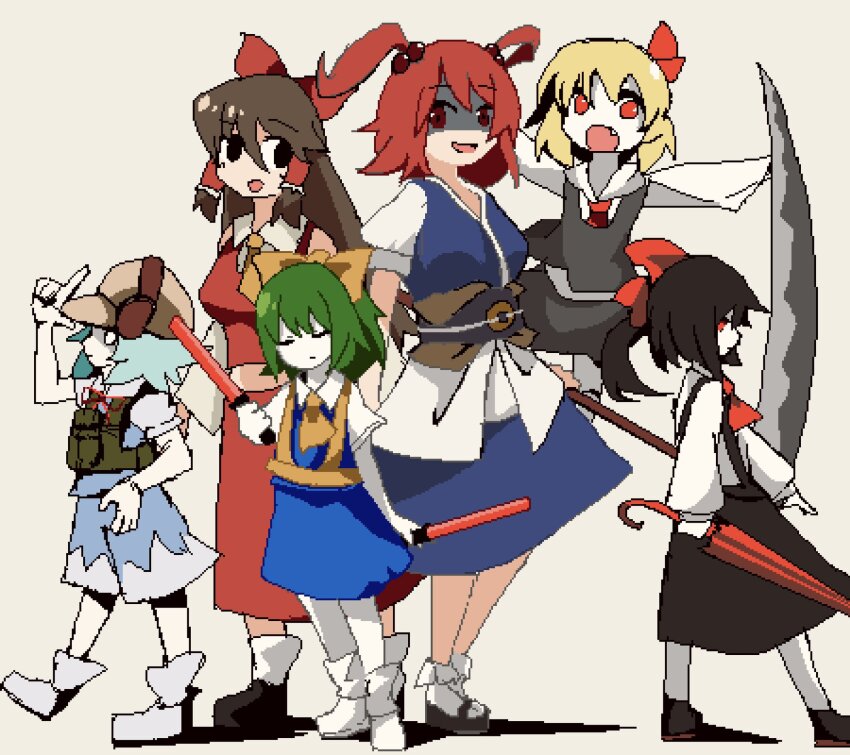 6+girls ascot black_eyes black_hair black_sash black_skirt blonde_hair blue_hair blue_kimono blue_skirt blue_vest bow breasts brown_hair brown_hat brown_sash bulletproof_vest cirno cirno_(cookie) closed_eyes closed_mouth closed_umbrella coin coin_on_string collared_shirt colored_skin commentary_request cookie_(touhou) daiyousei diyusi_(cookie) empty_eyes expressionless fang finger_gun flat_chest full_body green_hair hair_between_eyes hair_bobbles hair_bow hair_ornament hakurei_reimu hat headset high-visibility_clothing high-visibility_vest highres holding holding_scythe holding_umbrella holed_coin japanese_clothes kimono long_bangs long_sleeves looking_at_viewer medium_breasts medium_hair multiple_girls nadeko_(cookie) noel_(cookie) obi onozuka_komachi open_mouth outstretched_arms pixel_art puffy_short_sleeves puffy_sleeves red_ascot red_bow red_eyes red_hair red_shirt red_skirt red_umbrella rumia sash scythe shirt shishou_(cookie) short_hair short_sleeves sidelocks simple_background siyudi_(cookie) skirt skirt_set sleeveless sleeveless_shirt smile sparseseethe spread_arms suspender_skirt suspenders touhou traffic_baton umbrella vest white_eyes white_shirt white_skin yellow_bow