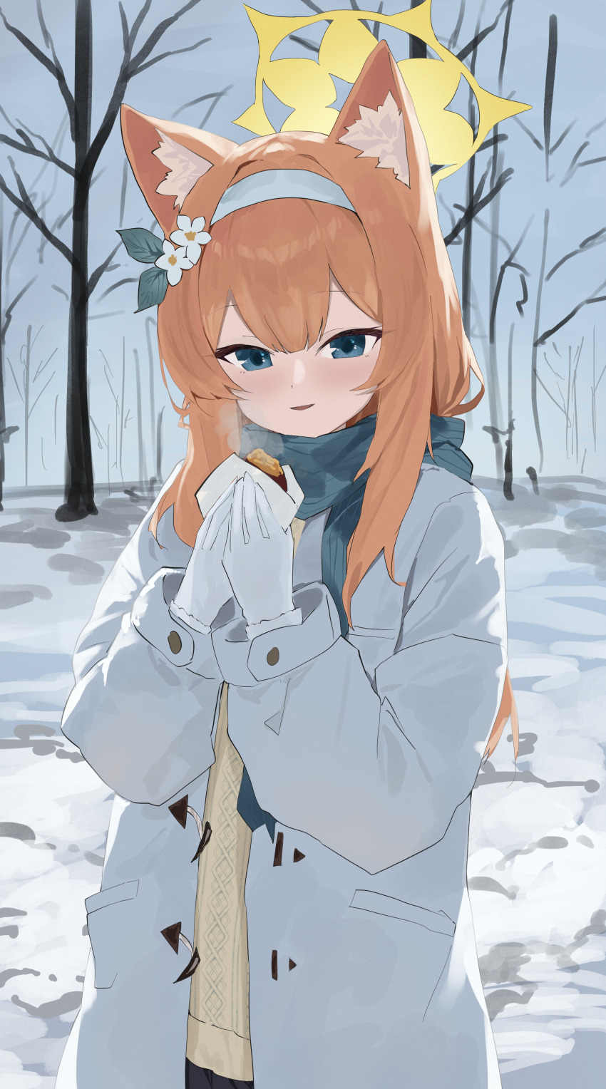 1girl absurdres alternate_costume animal_ear_fluff animal_ears black_skirt blue_archive blue_eyes blush cat_ears cat_girl evening_rabbit flower food gloves hair_between_eyes hair_flower hair_ornament hairband highres holding holding_food jacket long_hair looking_at_viewer mari_(blue_archive) open_mouth orange_hair outdoors sidelocks skirt snow solo sweater white_flower white_gloves white_hairband white_jacket yellow_sweater