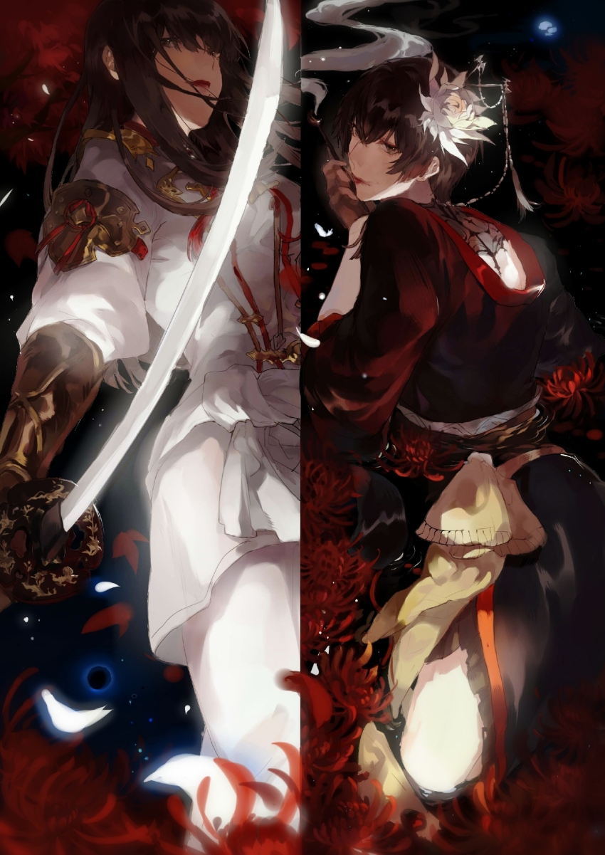 1boy 1girl absurdres arm_guards asahi_sas_brutus black_collar black_hair black_kimono brother_and_sister brown_eyes chinese_commentary collar commentary_request cosplay costume_switch cowboy_shot crossdressing epiphyllum falling_petals final_fantasy final_fantasy_xiv flower gauntlets glowing glowing_petals glowing_sword glowing_weapon hair_flower hair_ornament hair_stick highres holding holding_smoking_pipe holding_sword holding_weapon hyur jacket japanese_clothes kimono kiseru lace_collar long_hair looking_at_viewer looking_back mole mole_under_mouth mrthersh obi obiage petals red_lips role_reversal sash short_hair siblings smoke smoking_pipe spider_lily split_screen sword weapon white_jacket yotsuyu_goe_brutus