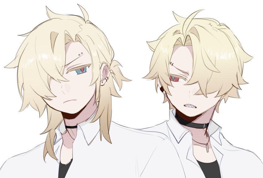 2boys black_choker black_shirt blonde_hair blue_eyes choker collared_shirt degrees_of_lewdity eyebrow_piercing green_pupils hair_over_one_eye highres kai_(drakkai10) multiple_boys piercing red_eyes shirt simple_background upper_body white_background white_shirt whitney_(degrees_of_lewdity) whitney_(male)_(degrees_of_lewdity)