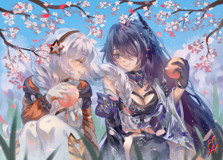 2girls ^_^ acheron_(honkai:_star_rail) ahoge black_choker black_gloves black_hairband blue_eyes blue_sky braid breasts cherry_blossoms choker cleavage closed_eyes coconuthound commentary_request day food fruit gloves grin hairband highres holding holding_food holding_fruit honkai:_star_rail honkai_(series) honkai_impact_3rd kiana_kaslana long_hair medium_breasts mihoyo multiple_girls peach purple_hair single_bare_shoulder sky smile star_(symbol) very_long_hair white_gloves white_hair