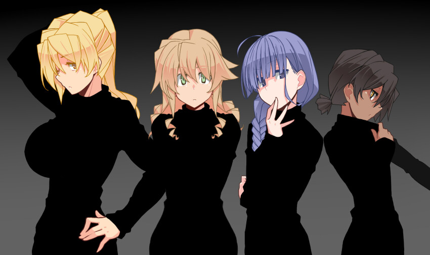 4girls black_background black_hair blonde_hair blue_eyes blue_hair braid closed_mouth dark_skin green_eyes hair_intakes hand_on_own_hip highres kagari_rukako kaitou_reiko kakiku_keiko kazami_nobuko long_hair multiple_girls original oteruko_(wanabeee) simple_background single_braid yellow_eyes