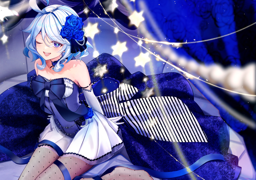 1girl ;d absurdres ahoge asahi_(vjss4548) bare_shoulders blue_bow blue_bowtie blue_choker blue_dress blue_eyes blue_flower blue_gemstone blue_hair bow bowtie breasts choker cleavage commentary commentary_request curtains dress drop-shaped_pupils elbow_gloves english_commentary fishnets flower foot_out_of_frame furina_(genshin_impact) gem genshin_impact gloves hair_flower hair_ornament head_tilt highres lace_trim light_blue_hair long_hair looking_at_viewer medium_breasts mixed-language_commentary multicolored_hair one_eye_closed open_mouth partial_commentary sitting smile solo star_(symbol) strapless strapless_dress symbol-shaped_pupils thigh_strap two-tone_dress two-tone_hair white_dress white_gloves white_hair
