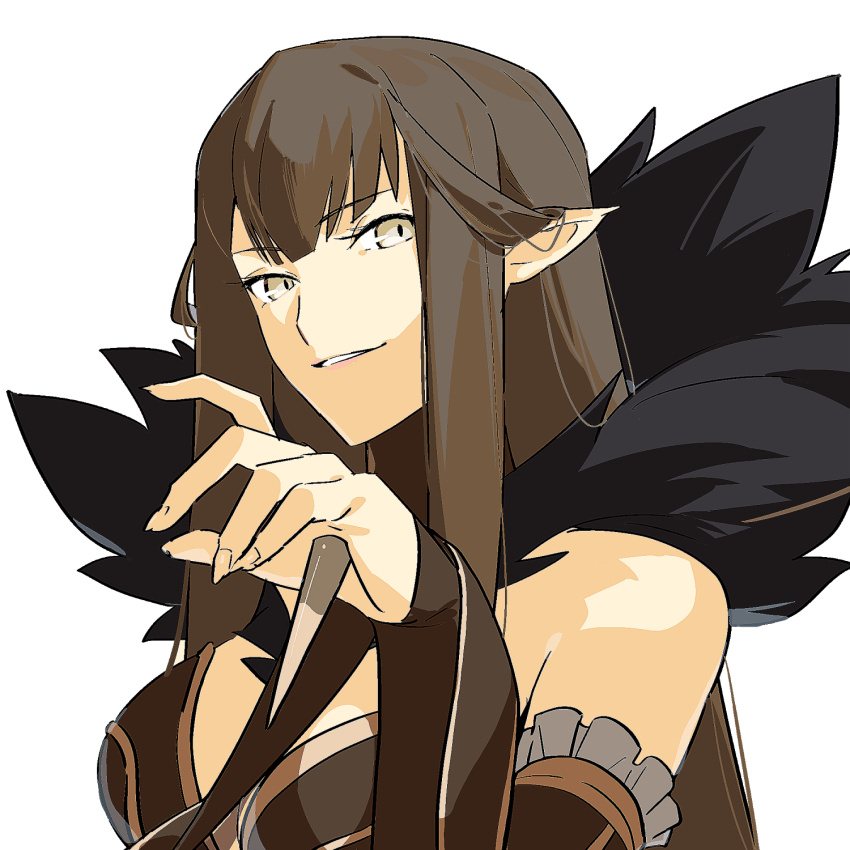 1girl bare_shoulders black_sleeves blunt_bangs breasts brown_hair chietori detached_sleeves fate/apocrypha fate_(series) frilled_sleeves frills fur_collar gold_trim hand_up highres long_hair long_sleeves looking_at_viewer parted_lips pointy_ears semiramis_(fate) simple_background smile solo spikes strapless takeuchi_takashi_(style) upper_body white_background yellow_eyes