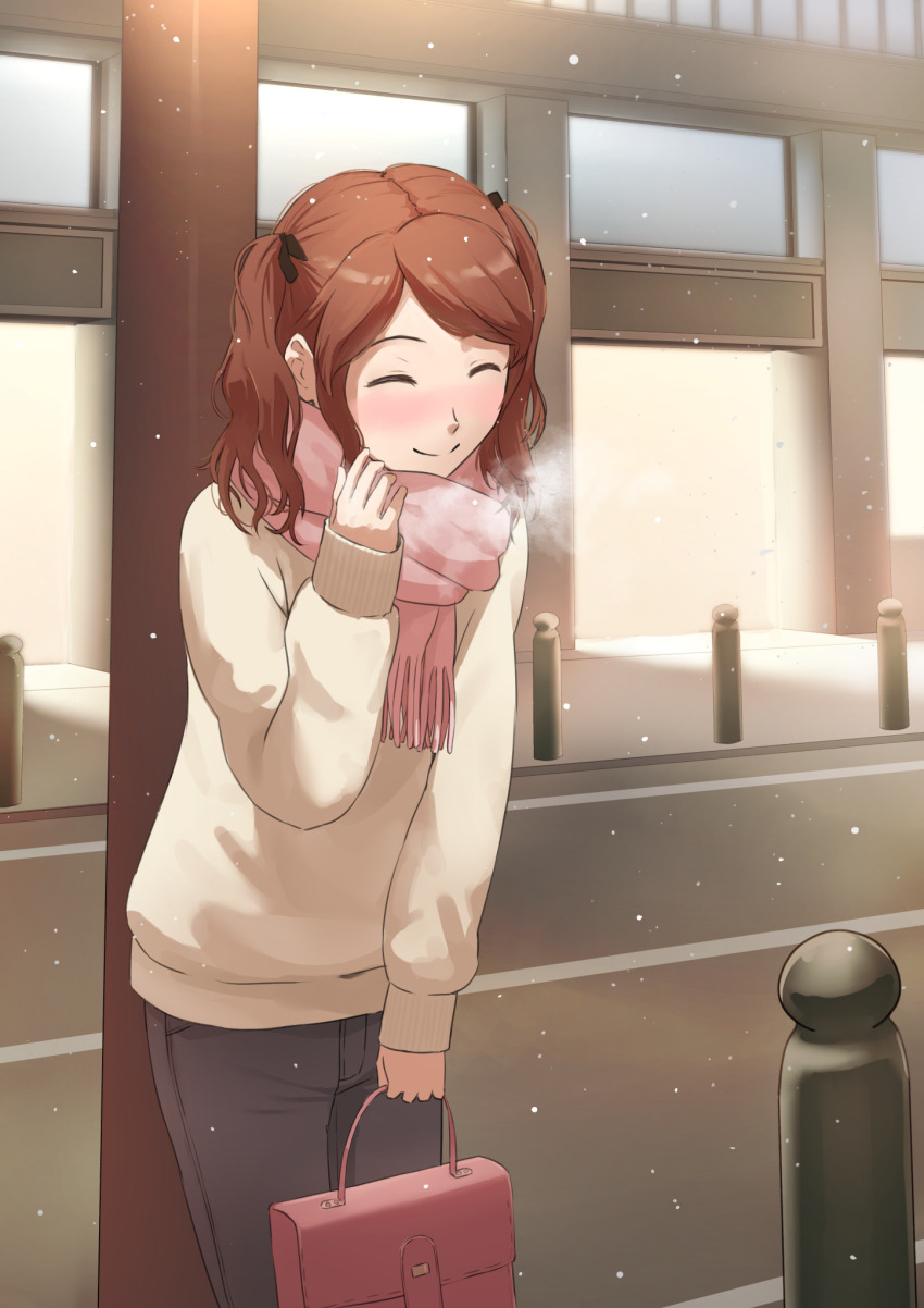 1girl against_pillar amagami bag black_pants blush brown_hair closed_eyes closed_mouth evening hand_up highres holding holding_bag long_sleeves medium_hair mikawa_mikan nakata_sae outdoors pants pink_scarf road scarf smile snowing solo standing sweater twintails white_sweater