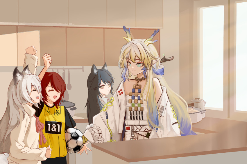 4girls :d ^_^ absurdres alternate_costume animal_ears arknights arm_up ball bare_shoulders beads belt black_hair black_sleeves blonde_hair bow bowtie brown_bow brown_bowtie brown_eyes brown_hair chinese_commentary chotokkyu_mizuko closed_eyes closed_mouth commentary_request cooking_pot cowboy_shot day dragon_girl dragon_horns excited exusiai_(arknights) facing_another food food_in_mouth green_eyes highres holding horns indoors jacket jewelry kitchen lappland_(arknights) long_hair long_sleeves looking_at_another looking_at_viewer mouth_hold multicolored_hair multiple_girls necklace no_earrings off_shoulder open_mouth outstretched_arm pocky pointy_ears product_placement profile puma_(brand) purple_hair raised_fist shirt short_hair short_sleeves shu_(arknights) smile soccer_ball standing strapless sunlight t-shirt teeth texas_(arknights) tube_top turning_head upper_teeth_only white_belt white_hair white_jacket white_shirt white_tube_top window wolf_ears wolf_girl yellow_shirt