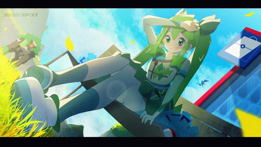 1girl absurdres bench blue_sky bulbasaur cloud dress dutch_angle fortissimo full_body gen_1_pokemon gen_8_pokemon grass grass_miku_(project_voltage) green_hair green_socks hair_between_eyes hair_ornament hatsune_miku highres multicolored_dress musical_note musical_note_hair_ornament nintendo pokemon pokemon_(creature) project_voltage rillaboom sanasedayo short_sleeves shorts shorts_under_dress sky socks twintails vocaloid white_footwear