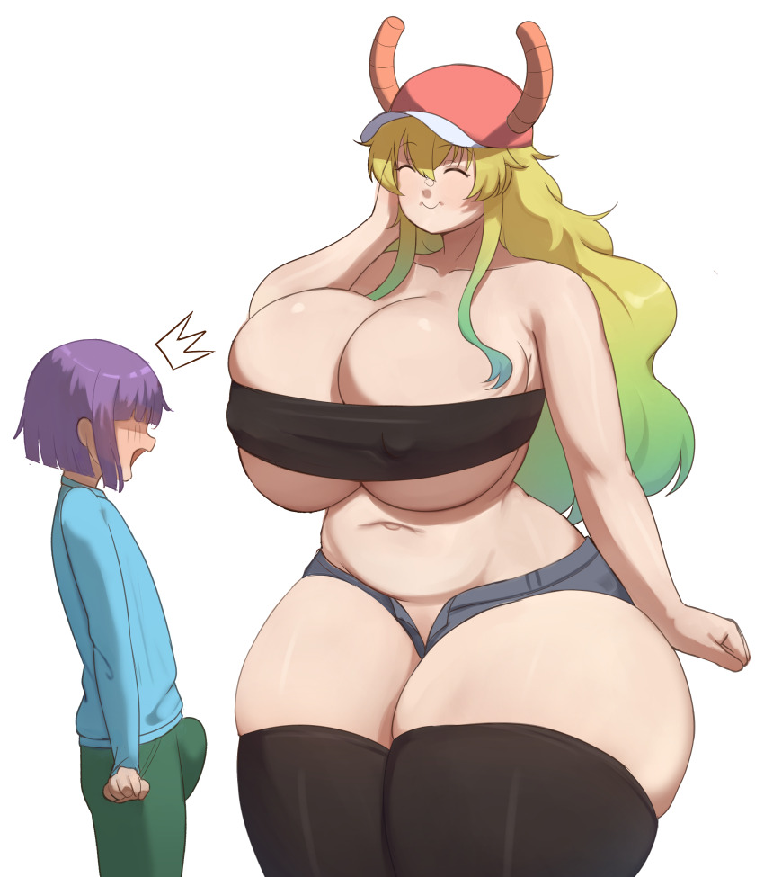 1boy 1girl absurdres adapted_costume bare_shoulders baseball_cap blonde_hair blue_shirt breasts bulge cleavage closed_eyes closed_mouth collarbone covered_erect_nipples cowboy_shot curvy dragon_horns erection erection_under_clothes gradient_hair green_hair green_pants hat highres horns huge_breasts kobayashi-san_chi_no_maidragon long_sleeves lucoa_(maidragon) magatsuchi_shouta multicolored_hair navel open_fly pants shirt short_shorts shorts size_difference skindentation smile standing strapless thick_thighs thighhighs thighs transparent_background triagorodri tube_top underboob