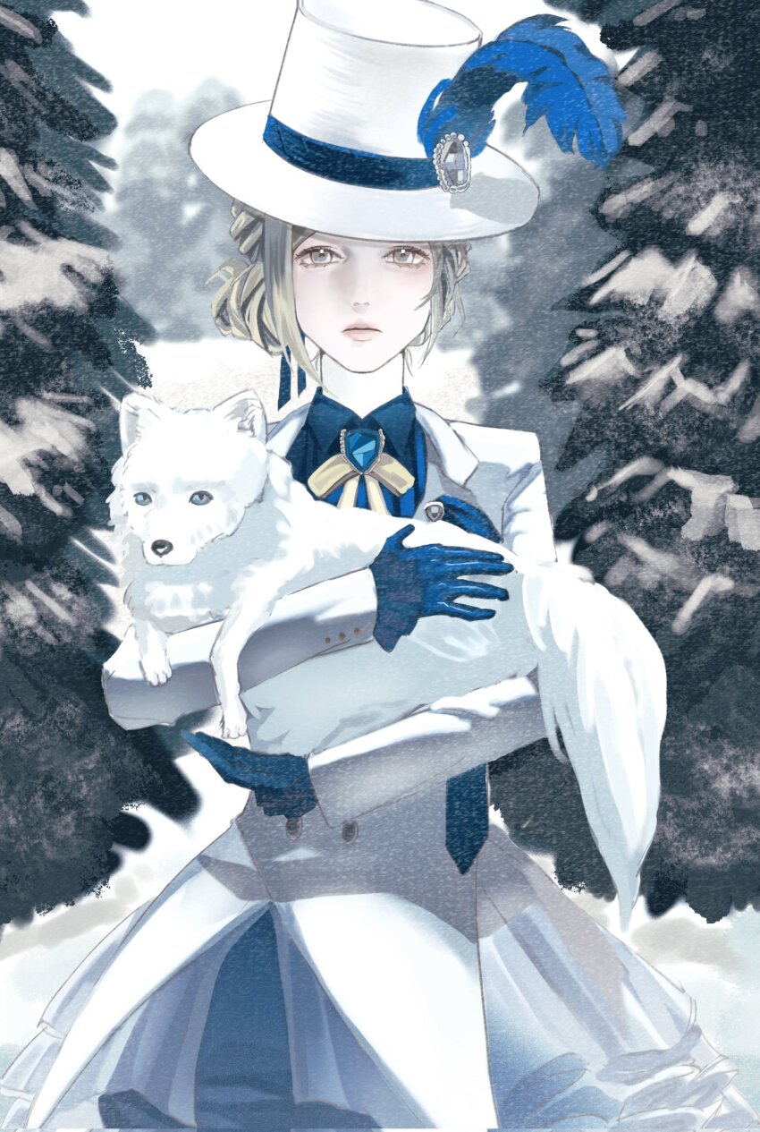 1girl animal animal_hug arctic_fox blue_feathers blue_gloves blue_shirt closed_mouth collared_shirt feathers gloves grey_eyes grey_hair hair_bun hat hat_feather highres jacket jiyou_(kiyou500099989) lips looking_at_viewer neck_ribbon official_alternate_costume outdoors reverse:1999 ribbon shirt short_hair single_side_bun sky snow solo top_hat tree upper_body vertin_(ipstar)_(reverse:1999) vertin_(reverse:1999) white_hat white_jacket white_sky yellow_ribbon