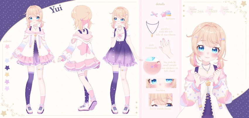 1girl asymmetrical_legwear bare_shoulders blonde_hair blue_eyes blunt_bangs blush color_guide double-parted_bangs dress freckles hair_ornament hairclip highres hoshigamitwins hoshigamitwins_(artists) jewelry necklace off-shoulder_jacket off_shoulder reference_sheet shoes short_twintails single_thighhigh smile solo star_sticker thighhighs twintails virtual_youtuber white_shoes yui_hoshigami