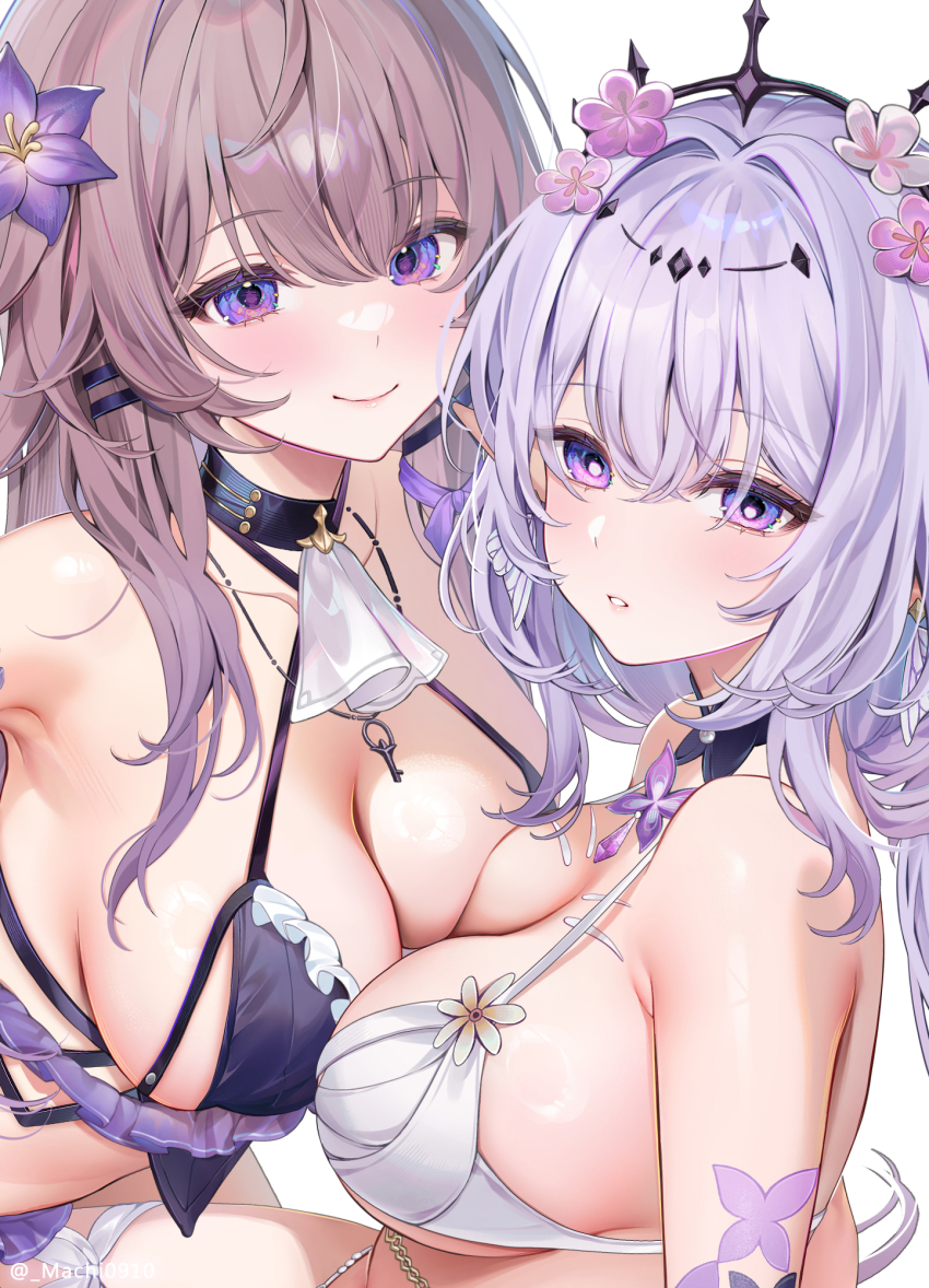 2girls armpit_crease ascot bare_shoulders bikini black_tiara blush breast_press breasts brown_hair butterfly_earrings castorice_(honkai:_star_rail) chinese_commentary closed_mouth collarbone commentary commentary_request cropped earrings english_commentary flower hair_flower hair_intakes hair_ornament herta_(honkai:_star_rail) highres honkai:_star_rail honkai_(series) jewelry key key_necklace large_breasts long_hair looking_at_viewer machi_(machi0910) mixed-language_commentary multiple_girls necklace parted_lips pink_flower pointy_ears purple_eyes purple_flower purple_hair smile swimsuit symmetrical_docking the_herta_(honkai:_star_rail) tiara twitter_username white_ascot white_background