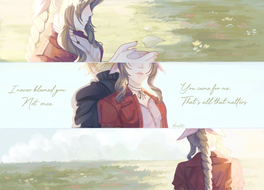 1boy 1girl aerith_gainsborough armor artist_name back-to-back black_sleeves black_vest blonde_hair braid braided_ponytail brown_hair choker closed_mouth cloud_strife commentary diakki dress english_commentary english_text facing_away field final_fantasy final_fantasy_vii final_fantasy_vii:_advent_children final_fantasy_vii_rebirth final_fantasy_vii_remake flower flower_choker flower_field from_behind hair_ribbon highres jacket long_hair multiple_views pauldrons pink_dress pink_ribbon red_jacket ribbon ribbon_choker short_hair shoulder_armor single_braid single_pauldron single_sleeve upper_body vest yellow_petals