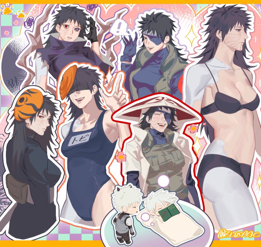 ! 1girl 2boys absurdres ass black_gloves black_hair bra breasts coat colored_skin commentary_request competition_swimsuit dreaming eluspac_maru flower genderswap genderswap_(mtf) gloves grey_hair hatake_kakashi high_collar highres hokage holding icha_icha_(naruto) long_hair medium_breasts multicolored_skin multiple_boys naruto_(series) naruto_shippuuden one-piece_swimsuit open_mouth orange_mask red_eyes rinnegan scar scar_on_face sharingan smile spoken_exclamation_mark swimsuit teeth torn_clothes two-tone_skin uchiha_obito underwear white_coat