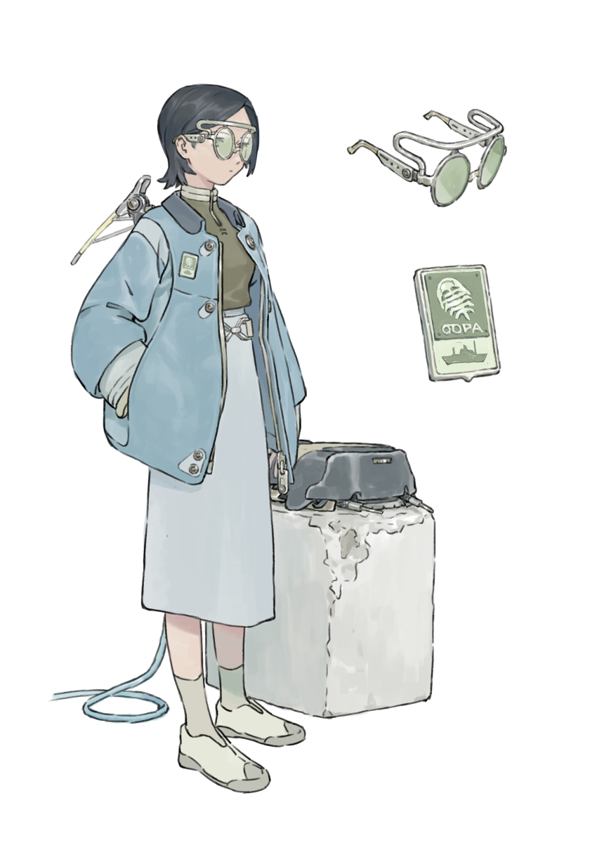 1girl absurdres arm_at_side black_hair blue_jacket chenrong96 closed_mouth expressionless full_body glasses green_shirt grey_footwear grey_skirt hand_in_pocket highres jacket long_skirt original shirt short_hair simple_background skirt socks solo standing white_background