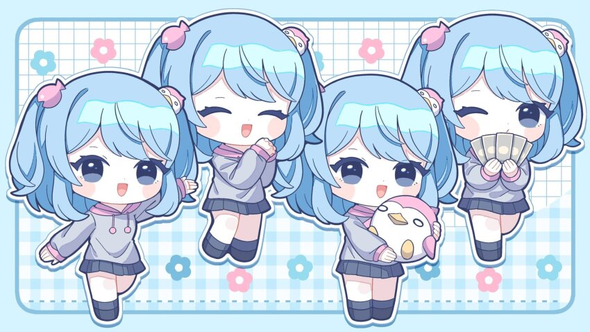 1girl :d ^_^ animal aru_potaya bird bird_hair_ornament black_shoes black_skirt black_socks blue_border blue_eyes blue_hair blush_stickers border chibi chibi_only closed_eyes commentary_request commission drawstring full_body grey_hoodie grid_background hair_ornament highres holding holding_animal holding_bird holding_money hood hood_down hoodie indie_virtual_youtuber long_sleeves looking_at_viewer medium_hair miniskirt money nada_namie open_mouth outline outside_border outstretched_arm own_hands_together parted_lips plaid_background pleated_skirt shoes skeb_commission skirt smile socks standing twintails two-tone_background virtual_youtuber white_background white_outline