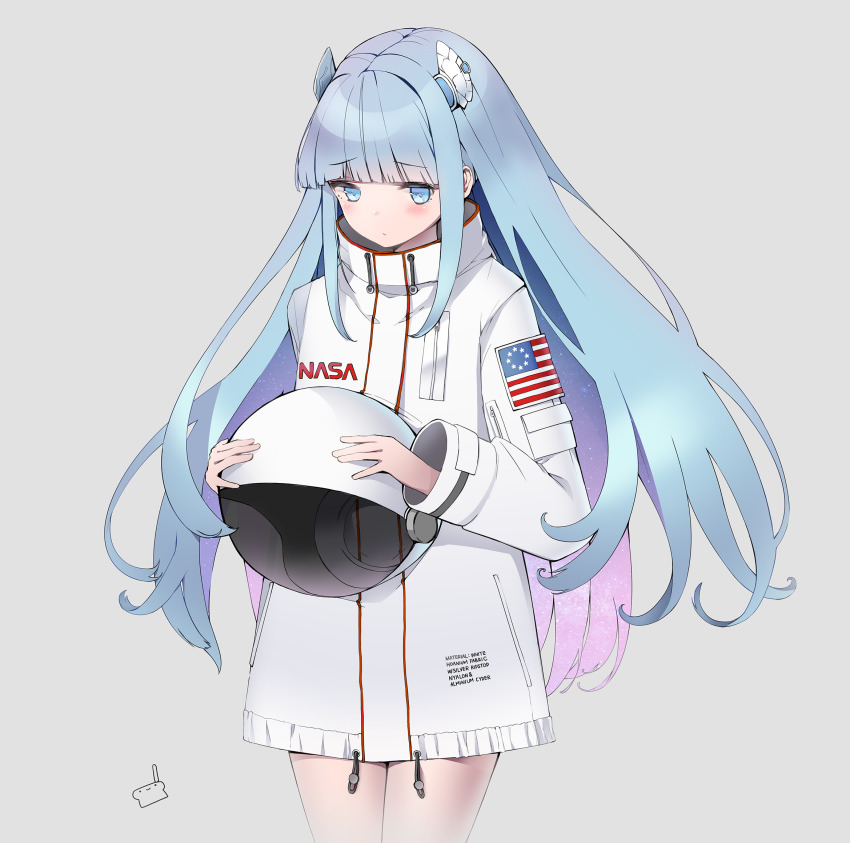 1girl american_flag american_flag_print bad_id bad_pixiv_id blue_eyes blue_hair blunt_bangs blush closed_mouth commentary_request cowboy_shot female_focus flag_print grey_background headgear helm helmet highres holding holding_helmet jacket long_hair long_sleeves looking_away looking_down multicolored_hair nasa pink_hair purple_hair retorillo simple_background solo somunia somunia_room space_helmet two-tone_hair unworn_headwear unworn_helmet very_long_hair virtual_youtuber white_jacket
