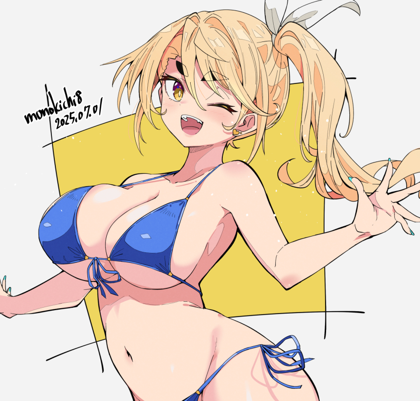1girl ;d artist_name bikini blonde_hair blue_bikini breasts commentary_request dated grey_background highres kichihachi large_breasts looking_at_viewer navel one_eye_closed open_mouth original side-tie_bikini_bottom side_ponytail smile solo swimsuit thick_eyebrows two-tone_background yellow_background