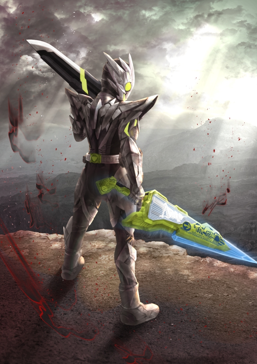 1boy after_battle armor armored_boots armored_gloves attache_calibur boots bug cliff cloud cloudy_sky dual_wielding facing_to_the_side grasshopper green_eyes highres holding insect kamen_rider kamen_rider_01_(series) kamen_rider_zero-one male_focus metalcluster_hopper ocean progrise_hopper_blade sky sunlight tsubasansan