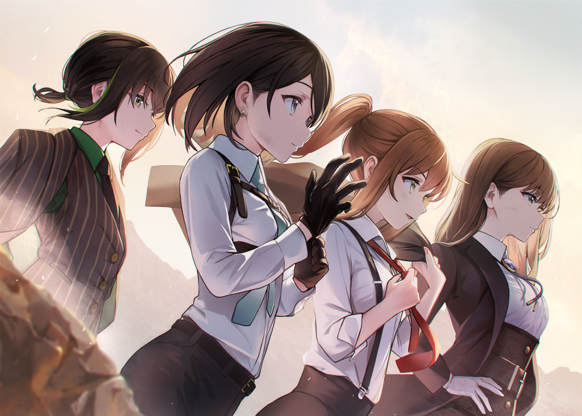 4girls belt bolo_tie brown_hair earrings enogu formal_clothes glove_pull hand_on_own_hip highres hinata_nao_(iwamotochou_geinousha) iwamotochou_geinousha jacket jacket_on_shoulders jewelry kagawa_ichigo loose_necktie multicolored_hair multiple_girls natsume_haru necktie shirafuji_tamaki shirt streaked_hair striped_suit suit suspenders suzuki_anzu virtual_youtuber