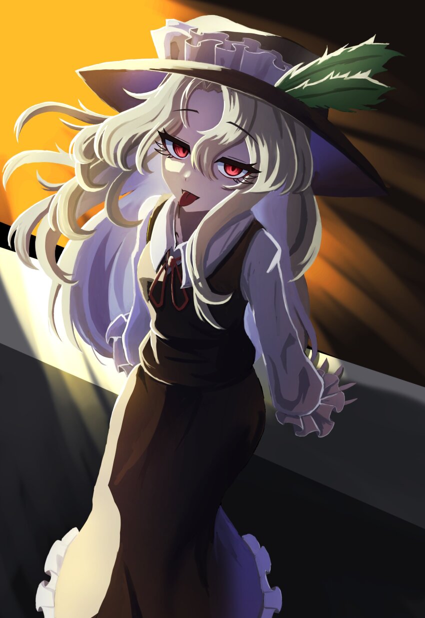 1girl :d absurdres breasts brown_hat brown_skirt brown_vest collared_shirt commentary_request dolls_in_pseudo_paradise feathers frilled_hat frilled_skirt frilled_sleeves frills green_feathers hat hat_feather highres jacket_girl_(dipp) long_hair long_skirt long_sleeves looking_at_viewer neck_ribbon open_mouth parted_bangs red_eyes red_ribbon ribbon shirt skirt small_breasts smile tongue tongue_out touhou vest white_shirt white_sleeves yabuhebi1067