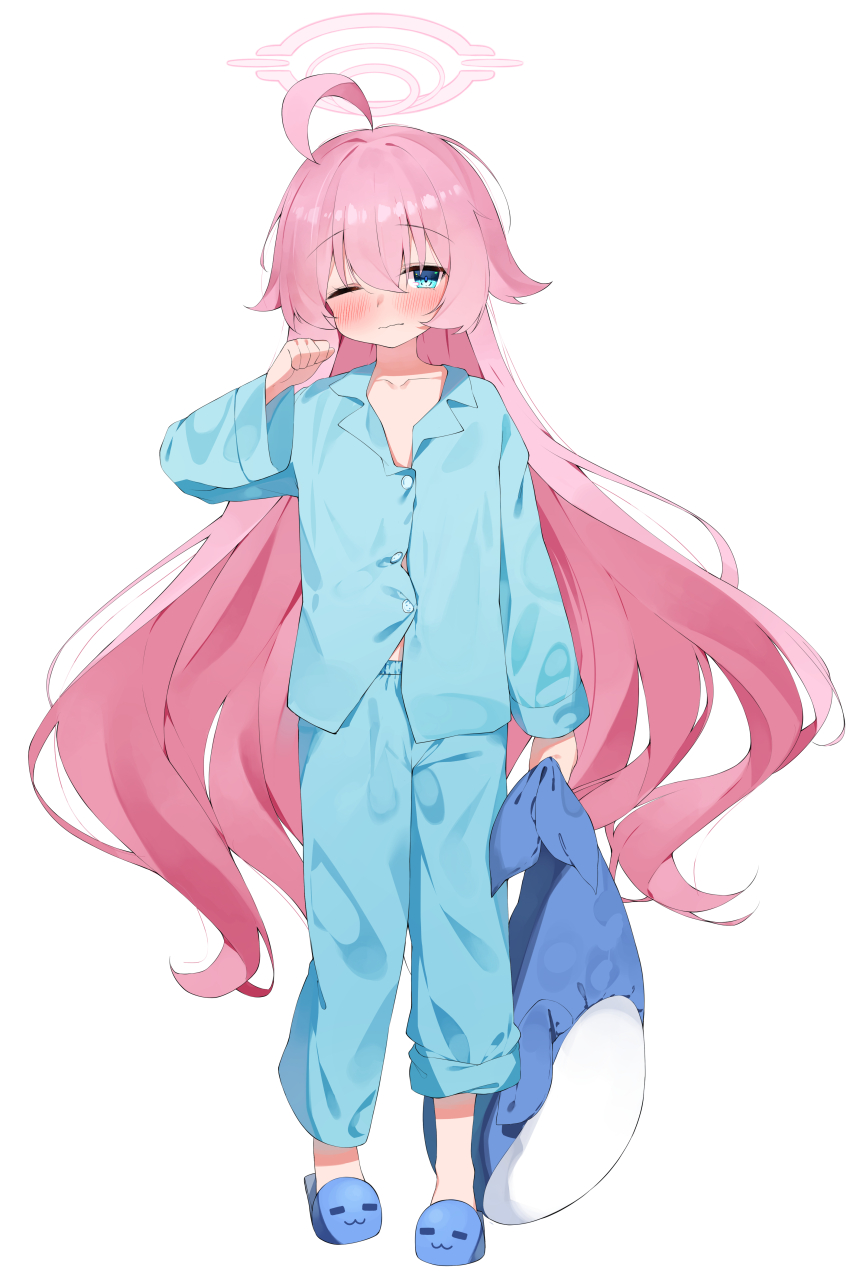1girl :3 =_= absurdres ahoge alternate_costume avant_garde_(artist) blue_archive blue_eyes blue_pajamas blue_pants blue_shirt blue_slippers blush closed_mouth commentary hair_between_eyes halo hand_up highres holding holding_stuffed_toy hoshino_(blue_archive) long_hair long_sleeves looking_at_viewer one_eye_closed pajamas pants pink_hair pink_halo shirt simple_background slippers solo stuffed_toy stuffed_whale very_long_hair wavy_mouth white_background