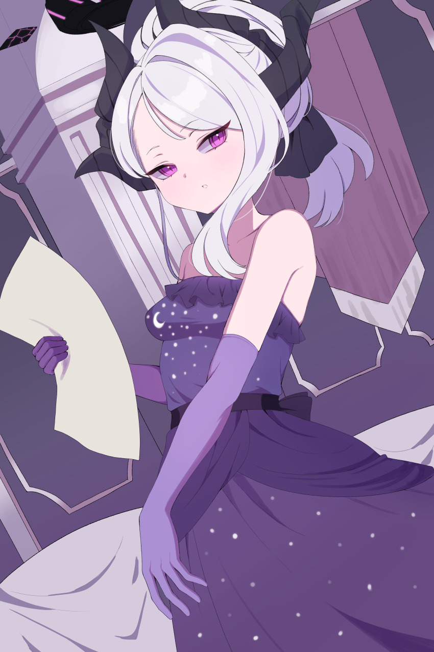 1girl absurdres black_halo blue_archive breasts demon_horns dress gloves halo highres hina_(blue_archive) hina_(dress)_(blue_archive) holding holding_paper horns long_hair looking_at_viewer madrawing paper purple_dress purple_eyes purple_gloves small_breasts solo standing white_hair