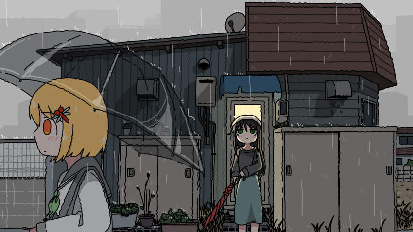 2girls absurdres black_hair blonde_hair closed_umbrella dragonfly_hair_ornament emesan_desu green_eyes grey_sailor_collar grey_shirt highres holding holding_umbrella house long_skirt long_sleeves multiple_girls orange_eyes original outdoors rain sailor_collar school_uniform serafuku shirt short_hair skirt standing transparent transparent_umbrella umbrella white_shirt
