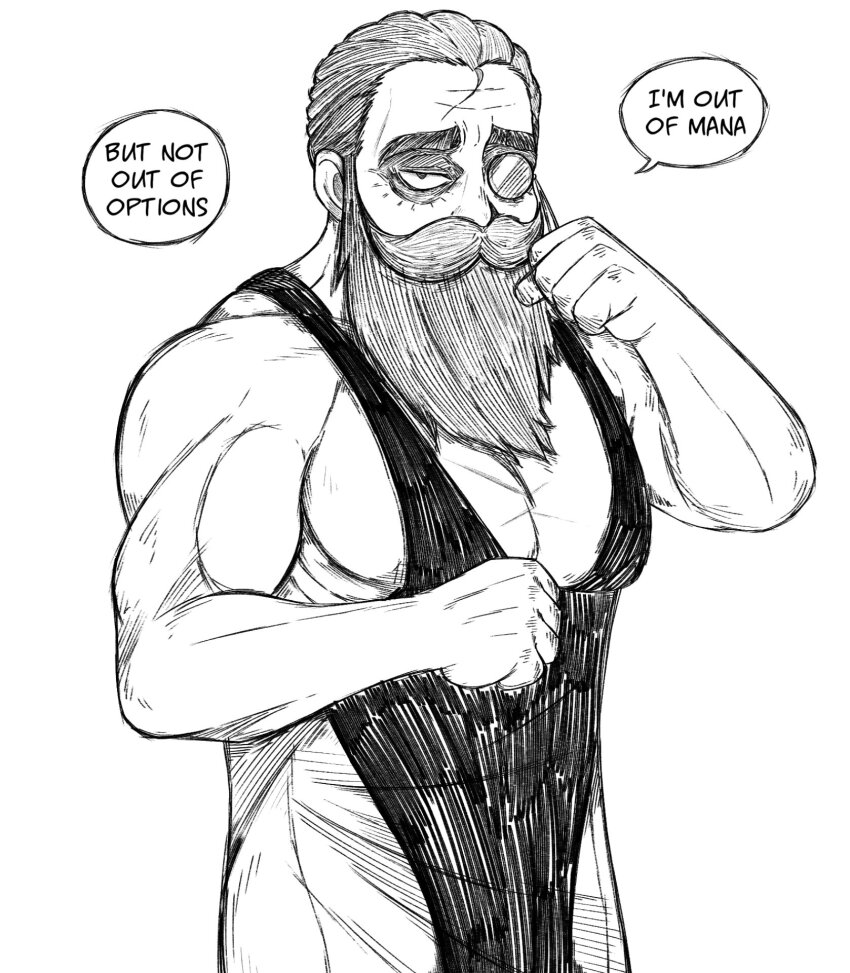 1boy alternate_muscle_size bags_under_eyes bare_shoulders basedlida beard clenched_hand denken_(sousou_no_frieren) english_text facial_hair fighting_stance greyscale hair_slicked_back highres i_may_be_out_of_mana_(meme) long_beard looking_at_viewer loose_hair_strand male_focus meme monochrome monocle muscular muscular_male mustache old old_man pectorals sleeveless solo sousou_no_frieren speech_bubble thick_eyebrows thick_mustache upper_body