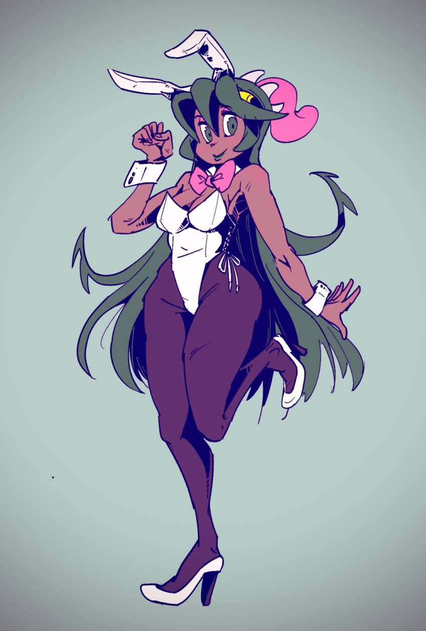 1girl animal_ears bow bowtie dark-skinned_female dark_skin detached_collar eyeshadow fake_animal_ears fukua_(skullgirls) green_eyes green_hair green_lips hand_up highres leg_up leotard long_hair makeup neko_mata_g playboy_bunny rabbit_ears shamone_(skullgirls) skullgirls smile solo tongue tongue_out wrist_cuffs