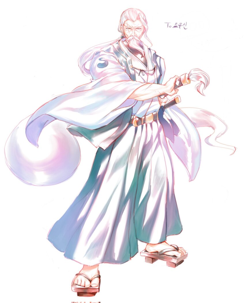 1boy beard belt commentary_request facial_hair full_body geta green_pants green_vest hakama hakama_pants highres hitodama_print holding holding_sword holding_weapon japanese_clothes kimono konpaku_youki konpaku_youki_(ghost) long_beard long_hair long_sleeves looking_at_viewer male_focus mustache pants ponytail rhea_(156latte) scar scar_across_eye scar_on_face sheath simple_background solo standing sword touhou unsheathing vest weapon white_background white_hair white_kimono