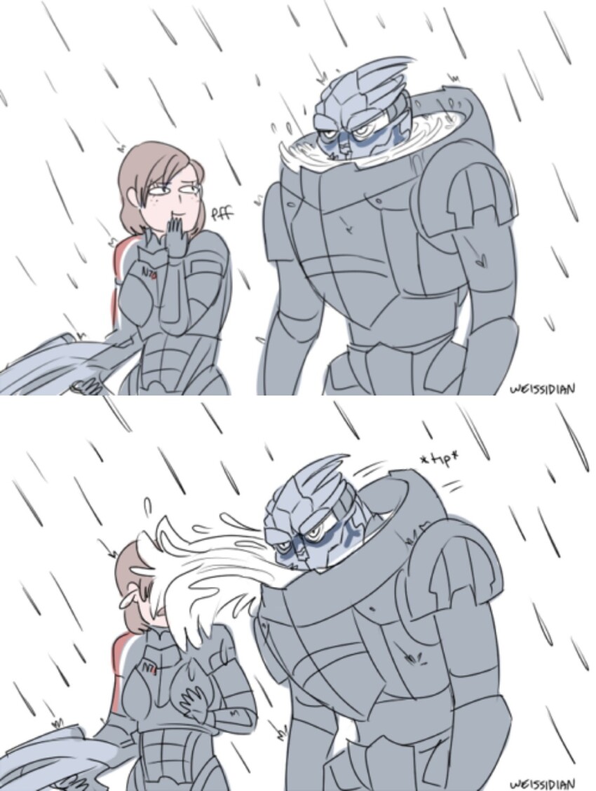 carapace commander_shepard commander_shepard_(female) dodostad garrus_vakarian highres holding holding_weapon mass_effect_(series) n7_armor rain splashing tumblr tumblr_username turian water weapon