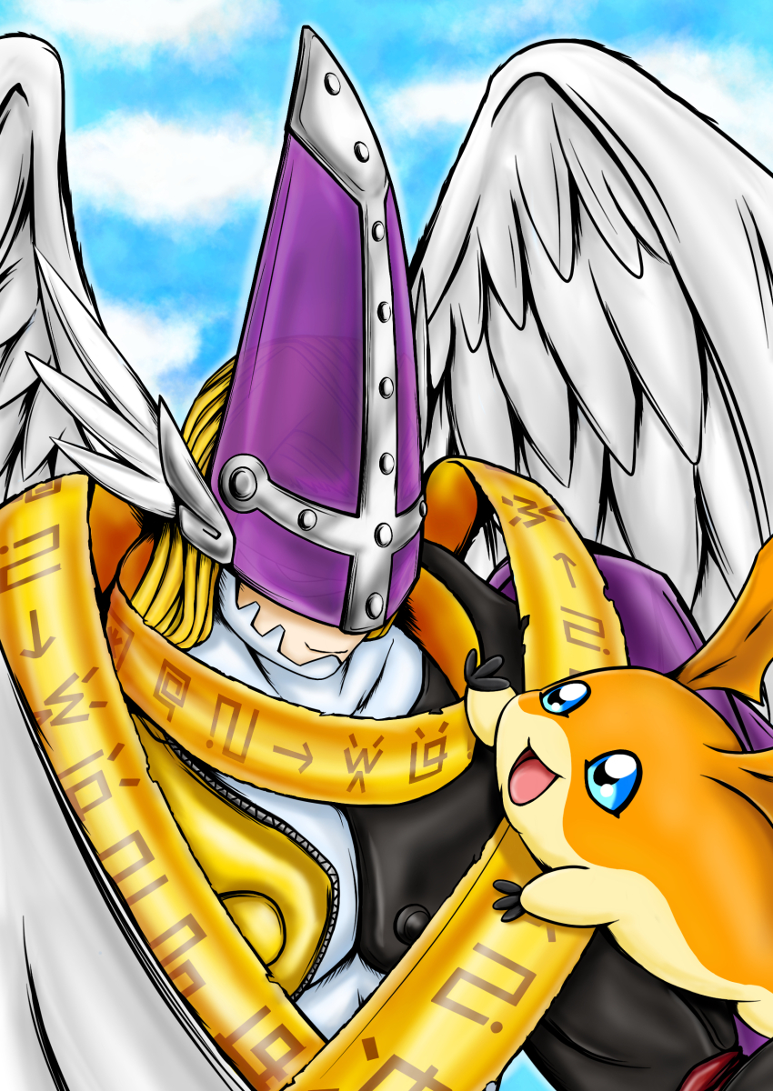 absurdres angel angel_boy blonde_hair digimon digimon_adventure highres holyangemon mask muscular muscular_male patamon