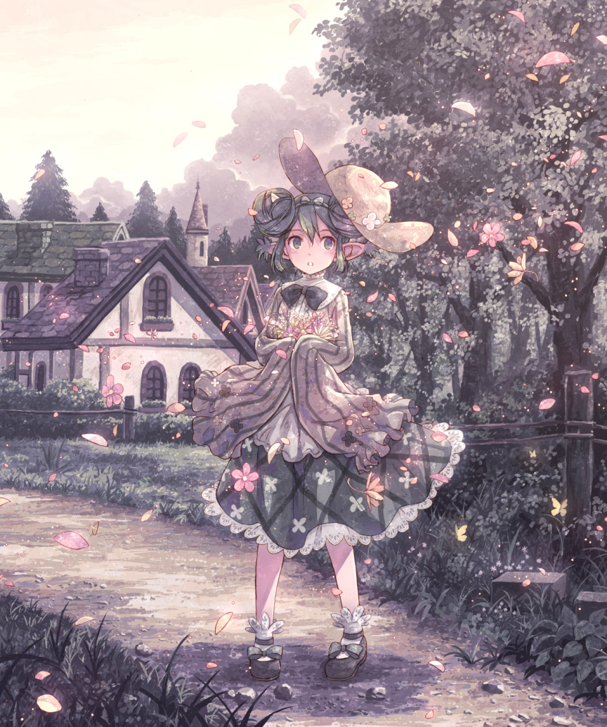 1girl black_bow black_bowtie black_shoes bow bowtie bug butterfly cloud day expressionless falling_petals floral_print frilled_skirt frilled_sleeves frills grass green_eyes green_hair green_skirt hair_bun hat highres house insect lidelle_(puyopuyo) light_particles looking_at_viewer mary_janes oni outdoors parted_lips path petals pine_tree pointy_ears puyopuyo puyopuyo_quest road shoes short_hair skirt socks solo standing straw_hat tree white_socks window yakka yellow_butterfly