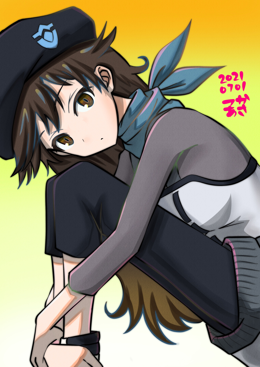 1girl absurdres bandana bandana_around_neck black_hat black_pants black_shirt blue_bandana brown_eyes brown_hair closed_mouth dated gradient_background grey_shirt hair_ornament hat highres hugging_own_legs knees_up long_hair long_sleeves looking_at_viewer multicolored_shirt neon_genesis_evangelion pants shirt solo suzuhara_sakura tsukaasa white_shirt