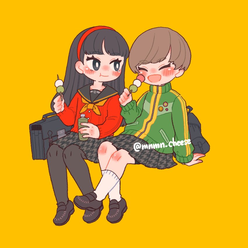 2girls amagi_yukiko bag black_hair black_pantyhose black_sailor_collar black_shoes blunt_bangs blush brown_hair closed_eyes closed_mouth commentary dango eating food full_body green_jacket hairband highres holding holding_food invisible_chair jacket kneehighs long_hair long_sleeves looking_at_another michiru_(mnmn_cheese) miniskirt multiple_girls neckerchief open_mouth pantyhose persona persona_4 pleated_skirt red_hairband red_sweater sailor_collar sanshoku_dango satonaka_chie school_bag school_uniform shoes short_hair sitting skirt socks sweater symbol-only_commentary track_jacket twitter_username wagashi white_socks yasogami_school_uniform yellow_background yellow_neckerchief