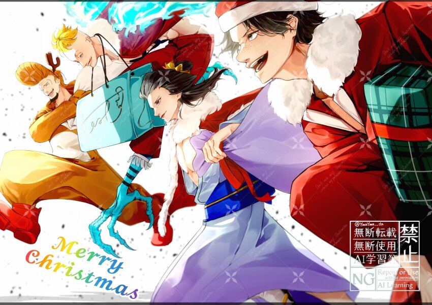 4boys alternate_form black_hair blonde_hair commentary fake_antlers gift harpy_boy hat highres izou_(one_piece) japanese_clothes kimono male_focus marco_(one_piece) merry_christmas monster_boy multiple_boys obi one_piece open_mouth pompadour portgas_d._ace profile purple_kimono santa_costume santa_hat sash smile thatch_(one_piece) ymayma_da