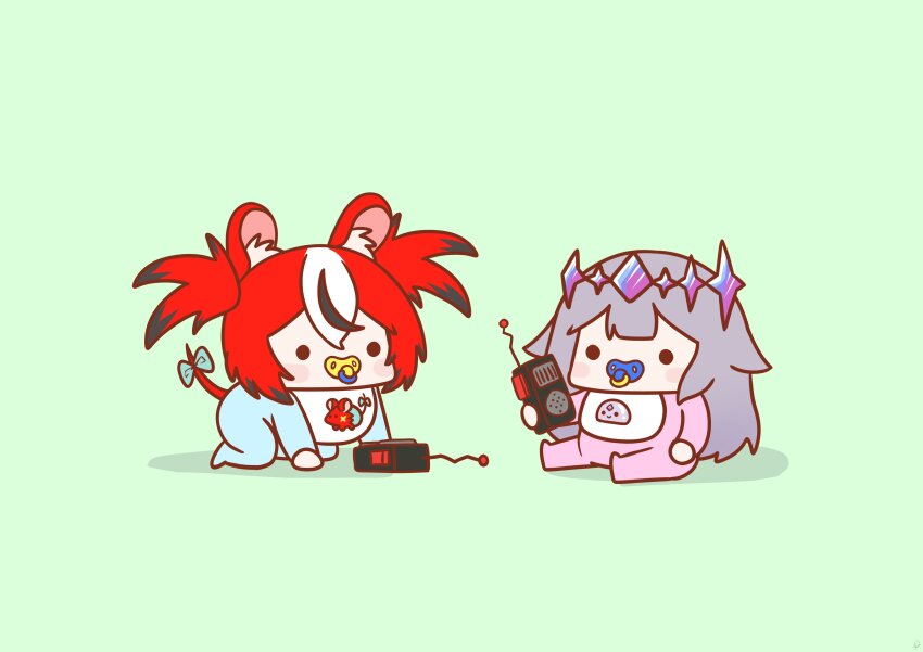 2girls absurdres aged_down all_fours animal_ears baby bib blush_stickers bow chibi green_background hair_flaps hakos_baelz highres holding holding_walkie-talkie hololive hololive_english koseki_bijou koseki_bijou_(1st_costume) long_hair mouse_ears mouse_tail mr._squeaks_(hakos_baelz) multiple_girls onesie pacifier pebble_(koseki_bijou) phdpigeon purple_hair red_hair sitting solid_circle_eyes tail tail_bow tail_ornament tiara virtual_youtuber walkie-talkie