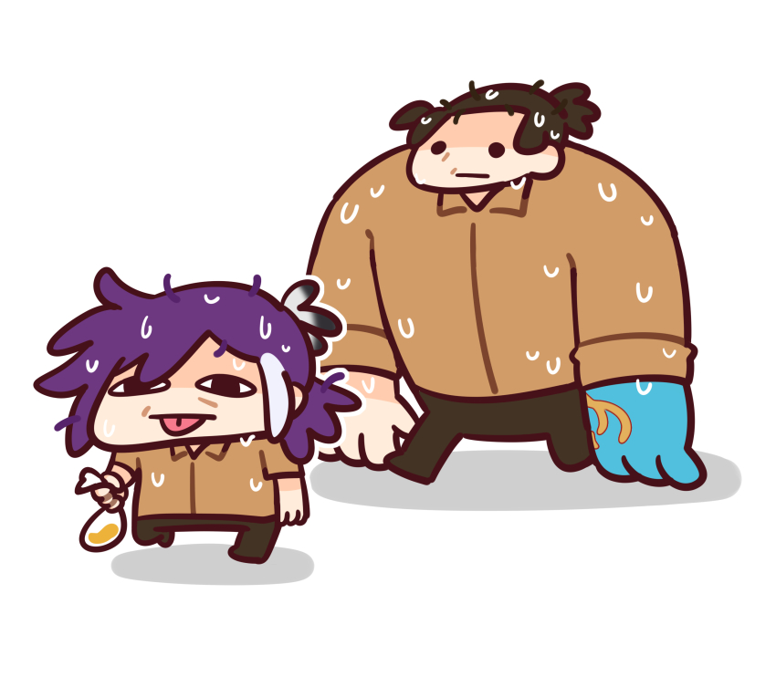 2boys absurdres bag banzoin_hakka black_hair blue_skin brown_shirt collared_shirt colored_skin feather_hair_ornament feathers hair_ornament highres holding holding_bag holostars holostars_english hot josuiji_shinri keenbiscuit male_focus multicolored_hair multicolored_skin multiple_boys ponytail purple_hair shirt sweat tongue tongue_out two-tone_hair virtual_youtuber walking white_hair