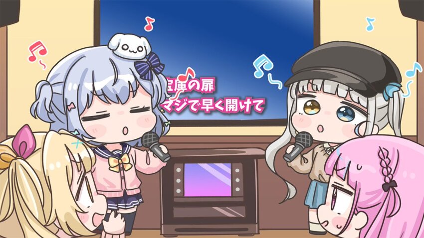 1boy 3girls :o ahoge beamed_eighth_notes black_thighhighs blonde_hair blue_eyes blue_hair blue_skirt bow braid brown_sweater cardigan chibi collared_shirt crossover eighth_note flat_screen_tv grey_hair hair_ribbon holding holding_microphone hololive hoshikawa_sara indoors inuyama_tamaki kagura_gumi kagura_mea karaoke microphone minato_aqua mochimiko multicolored_hair multiple_crossover multiple_girls musical_note nijisanji noripro parted_lips pink_cardigan pink_hair pleated_skirt purple_eyes purple_sailor_collar purple_skirt ribbon sailor_collar school_uniform serafuku shirt side_ponytail skirt socks standing streaked_hair striped_bow sweater television thighhighs trap twintails virtual_youtuber white_shirt white_socks