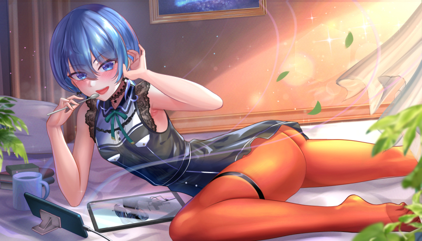 1girl aqua_hair ass belt black_belt black_choker black_dress blue_eyes blue_hair breasts choker collared_dress dress feet green_ribbon hair_between_eyes hololive hoshimachi_suisei hoshimachi_suisei_(casual) jagoo lace lace_choker lace_sleeves looking_at_viewer lying neck_ribbon open_mouth orange_pantyhose pantyhose ribbon short_dress short_hair short_sleeves small_breasts smile solo star_(symbol) star_in_eye symbol_in_eye thigh_strap virtual_youtuber