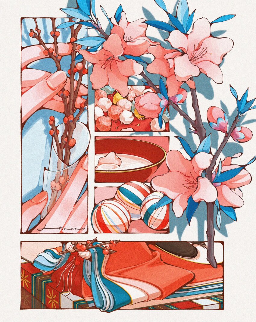 branch fingernails flower highres holding holding_branch japanese_clothes leaf original pink_flower shadow sitting trym_hinano