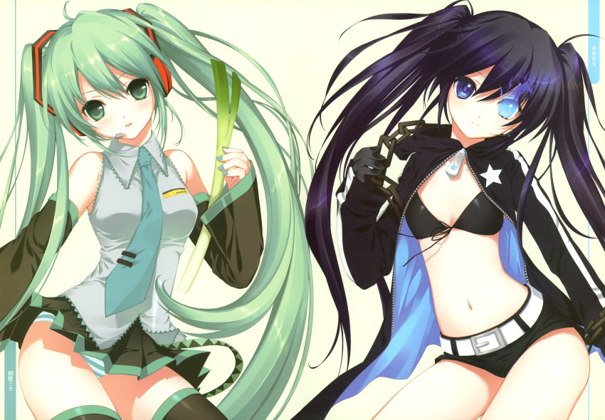 2000s_(style) 2girls absurdres aqua_eyes aqua_hair aqua_necktie belt bikini bikini_top_only black_bikini black_hair black_rock_shooter black_rock_shooter_(character) black_skirt blue_eyes chain collared_shirt cowboy_shot crossover detached_sleeves dress_shirt food gloves grey_shirt hatsune_miku highres holding holding_food holding_vegetable hood hooded_jacket jacket long_hair looking_at_viewer miniskirt multiple_girls nail_polish navel necktie open_clothes open_jacket pleated_skirt shirahane_nao shirt short_shorts shorts simple_background skirt sleeveless sleeveless_shirt spring_onion standing stomach swimsuit twintails vegetable very_long_hair vocaloid yellow_background zipper