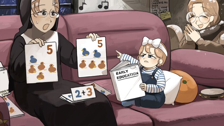 3girls aged_down aunt_and_niece beamed_eighth_notes bird blue_eyes blue_overalls book brown_coat brown_hair chicken coat commentary couch diva_(hyxpk) english_commentary glasses glasses_nun&#039;s_aunt_(diva) glasses_nun&#039;s_mother_(diva) glasses_nun_(diva) habit highres instrument little_nuns_(diva) math mother_and_daughter multiple_girls musical_note nun overalls pointing round_eyewear shirt siblings sisters slice_of_life striped_clothes striped_shirt tambourine traditional_nun